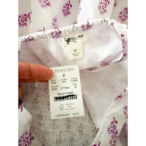 Crewcuts Factory | Girls' Block-Print Smocked Cross-Back Dress White Violet | 16 - Picture 7 of 9